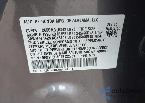 2019 Honda Pilot Ex-L from USA, damaged, VIN 5FNYF6H59KB022751